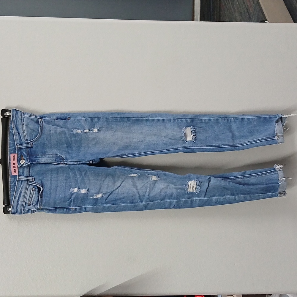 Crystal Rock Jeans Women Size 3 Skinny Distressed Light Wash Raw Cuffed Hem